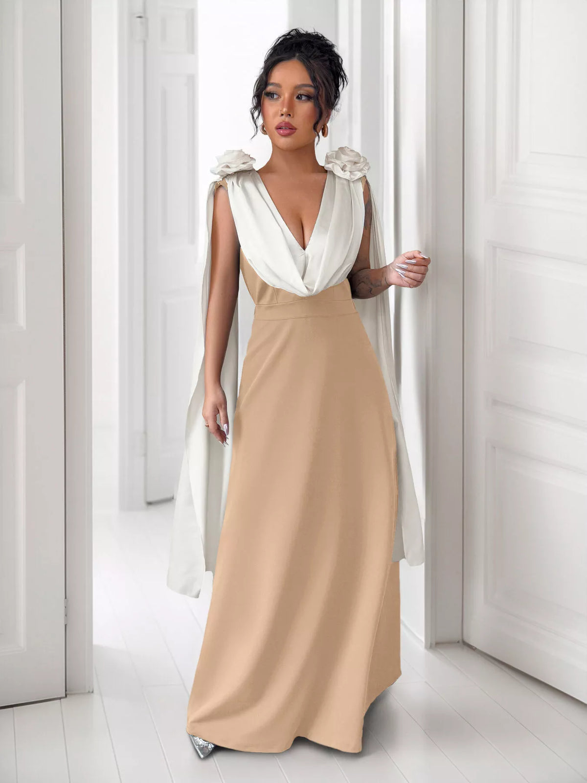 Floral Applique Two-Tone Maxi Dress