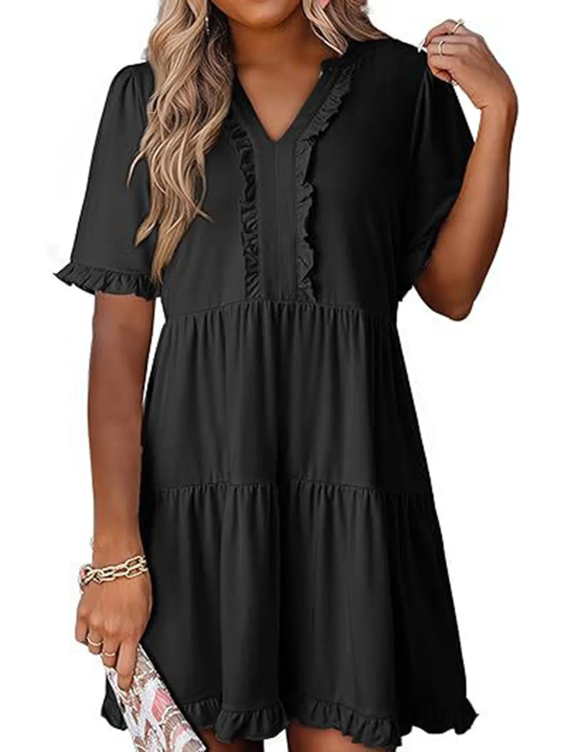 Tiered Notched Short Sleeve Mini Dress by Gen Beauty