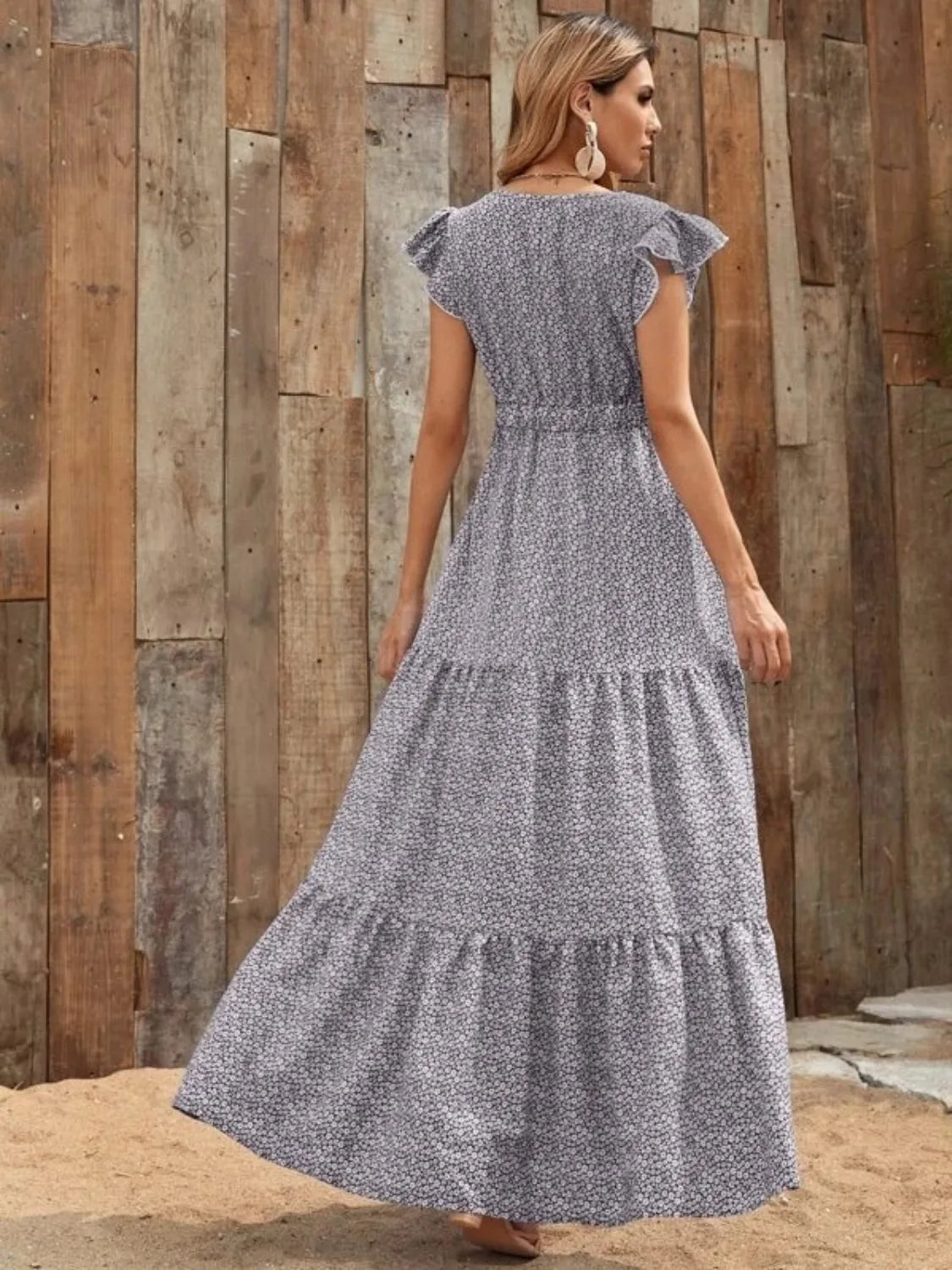 Ruffled Cap Sleeve V-Neck Maxi Dress