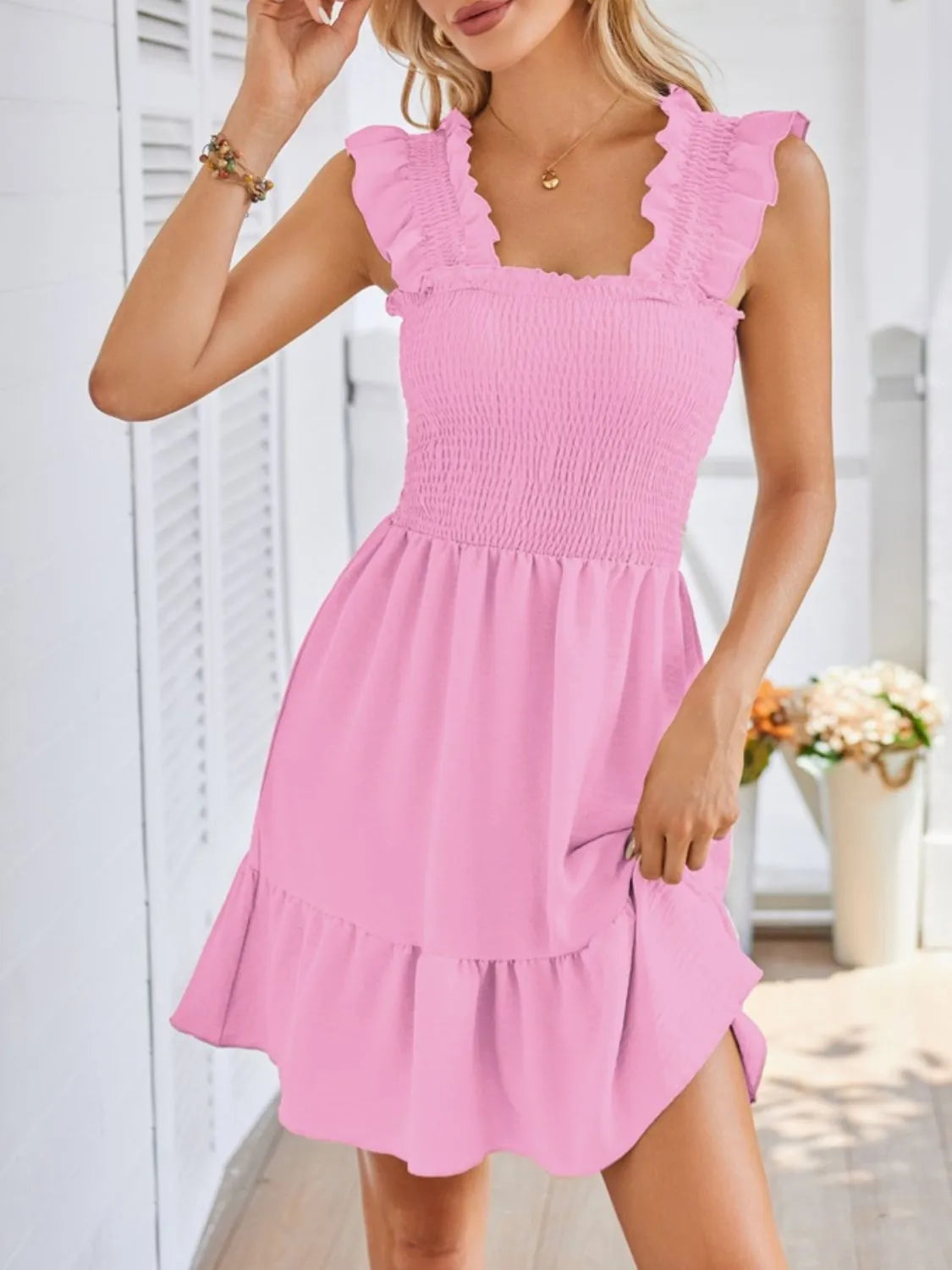 Smocked Square Neck Ruffled Dress in Tan by Gen Beauty