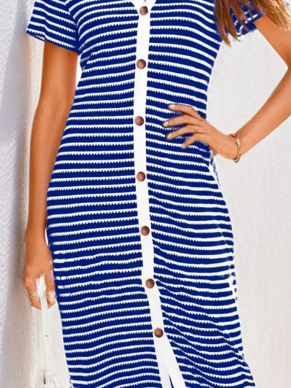 Contrast Striped V-Neck Short Sleeve Midi Dress