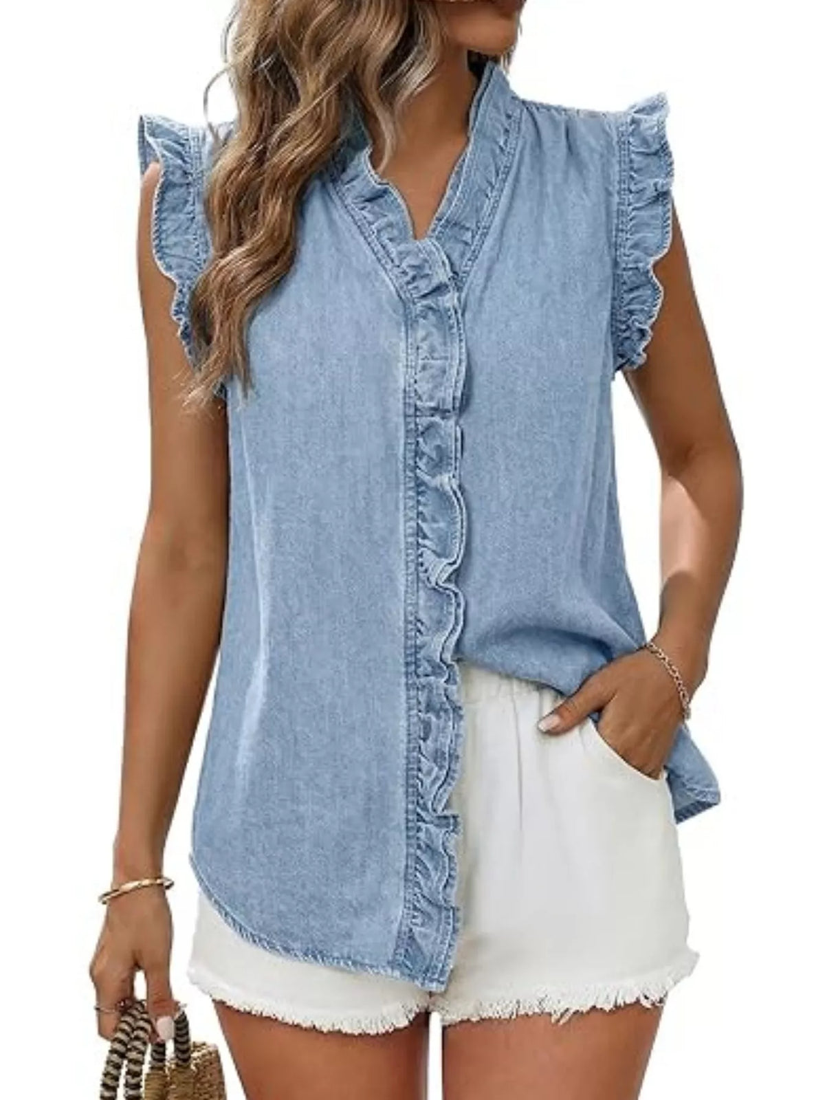 Ruffle Trim V-Neck Denim Top