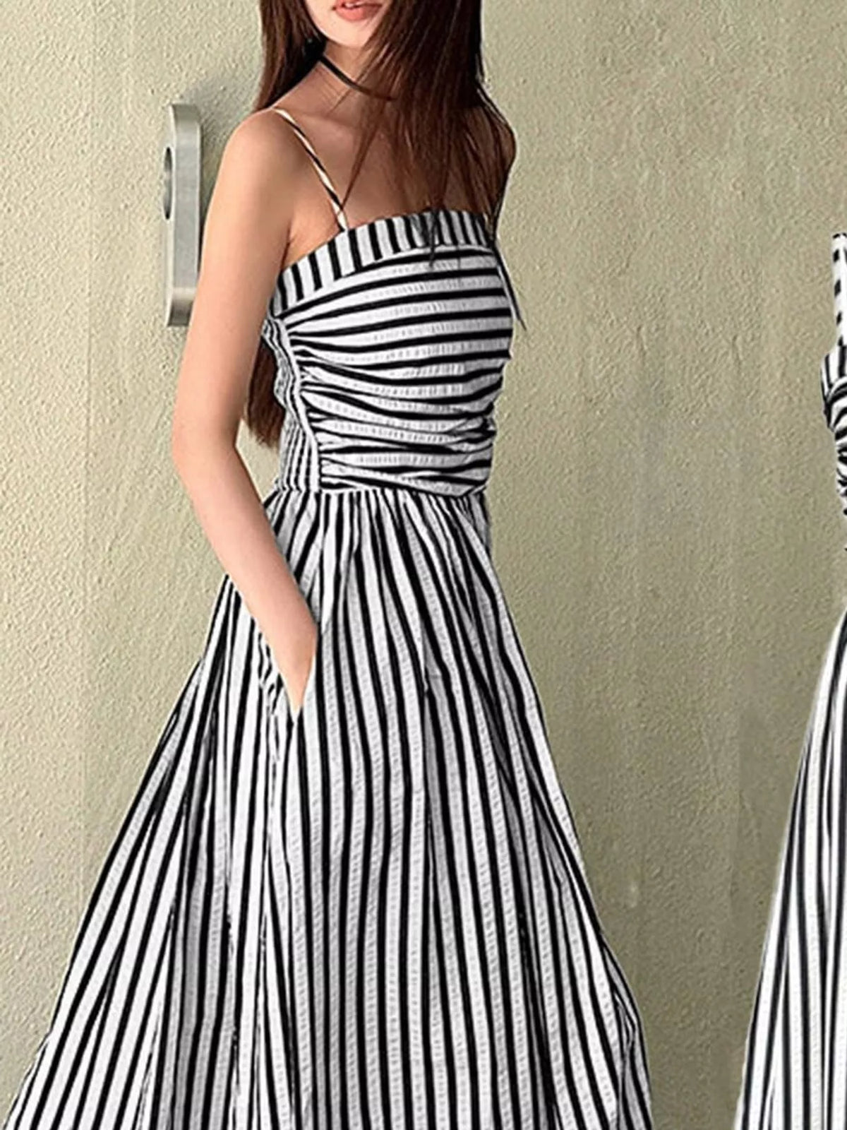 Striped Spaghetti-Strap A-Line Maxi Dress