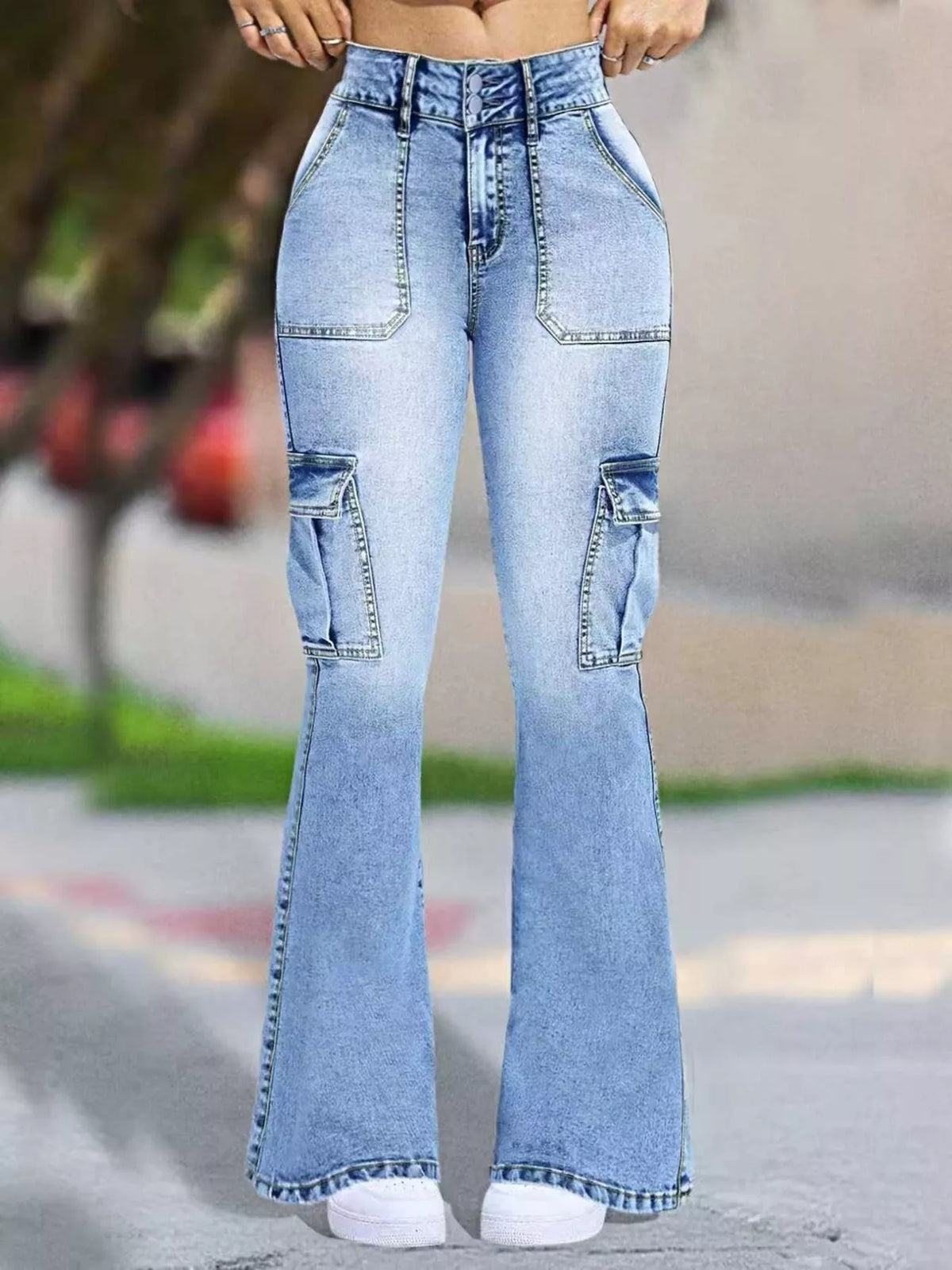 Flare Leg Cargo Jeans in Light Blue
