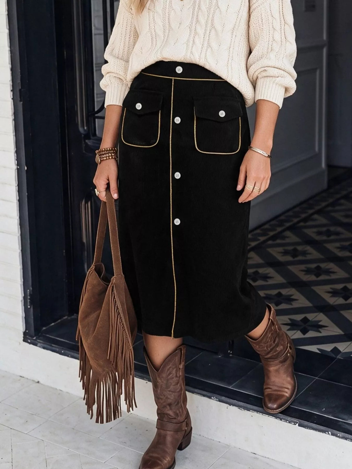 Corduroy Midi Skirt in Black