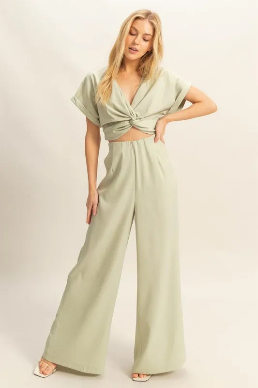 Hyfve Twisted Front Top and Wide Leg Pants Set in Sage
