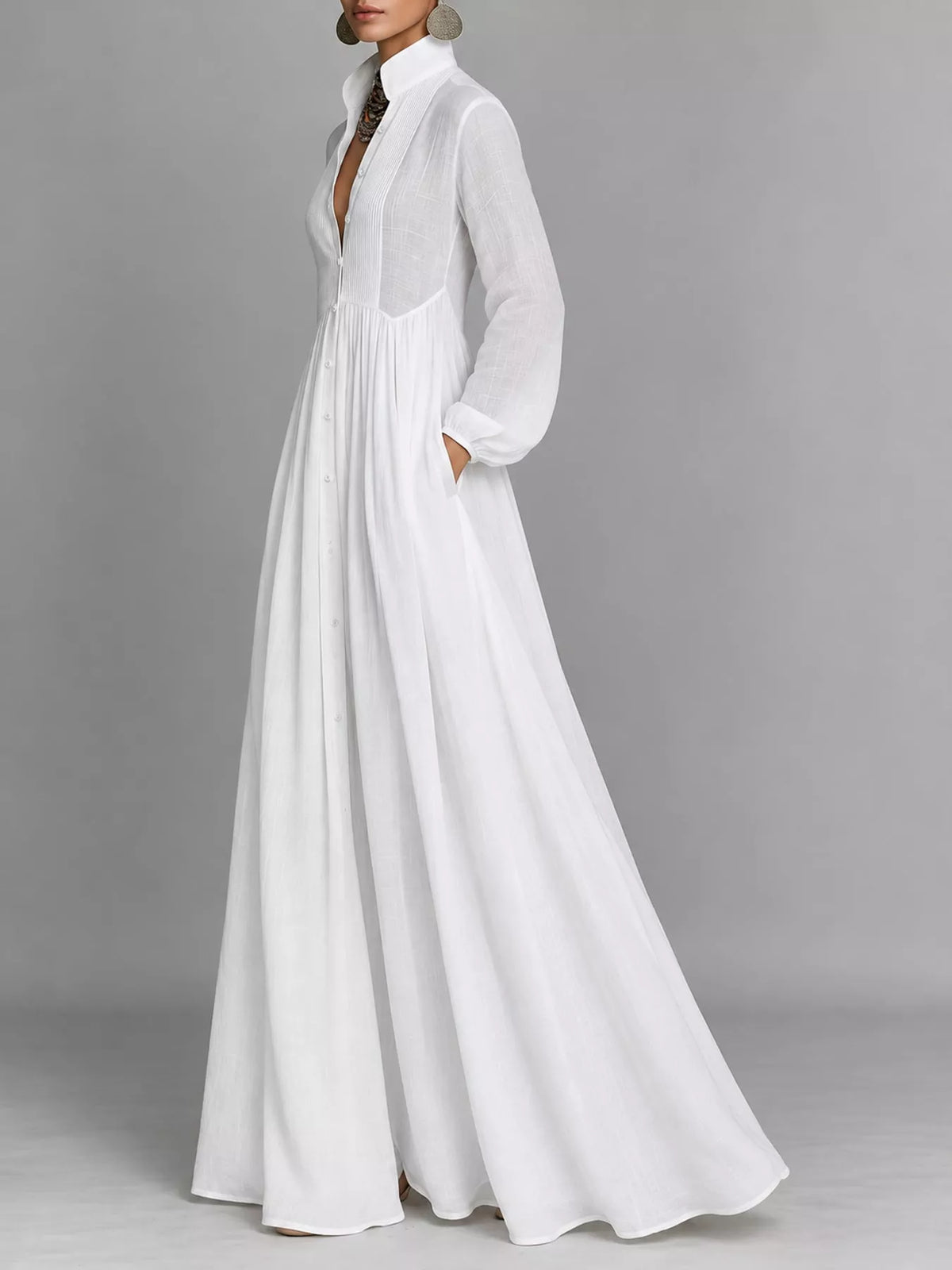 Long-Sleeve Button Front Maxi Dress