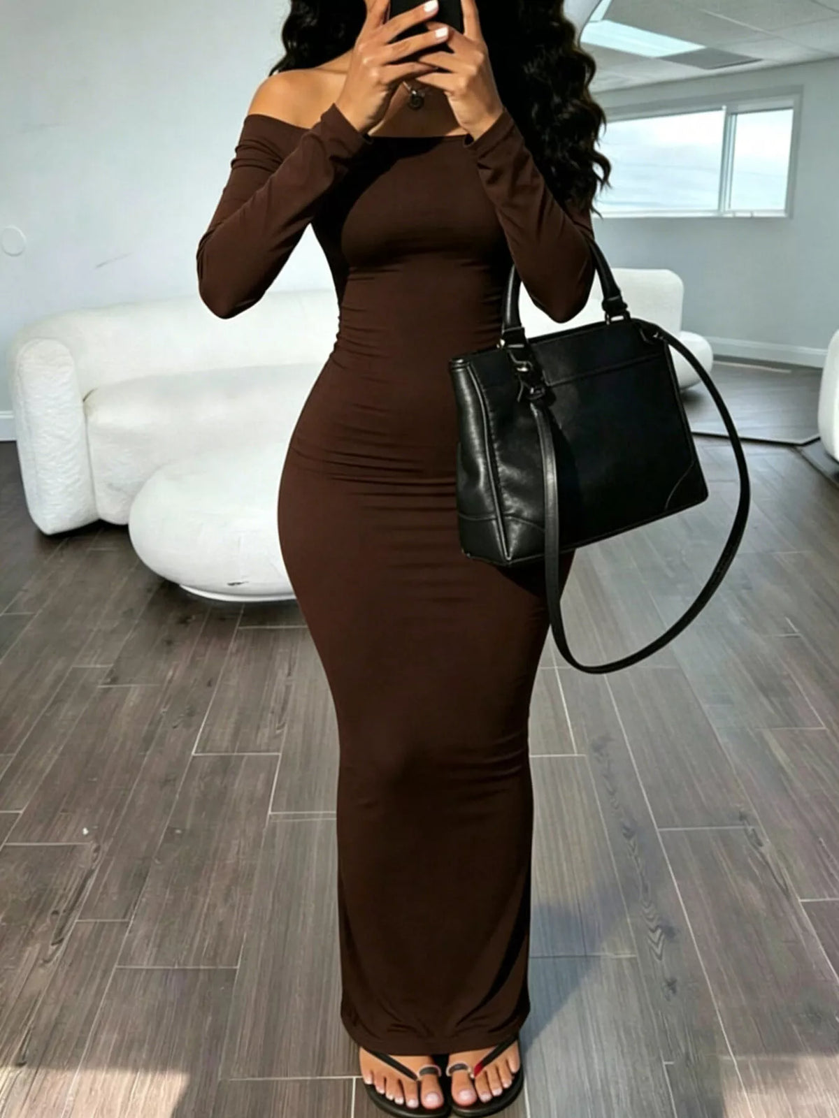 Off-Shoulder Bodycon Maxi Dress in Brown