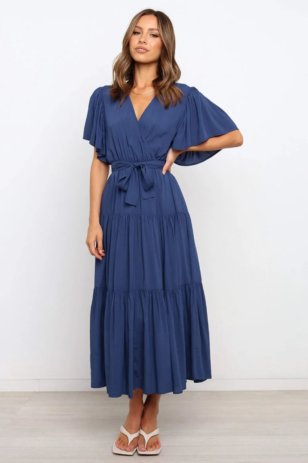 Front Tie Short Sleeve Tiered Midi Dress