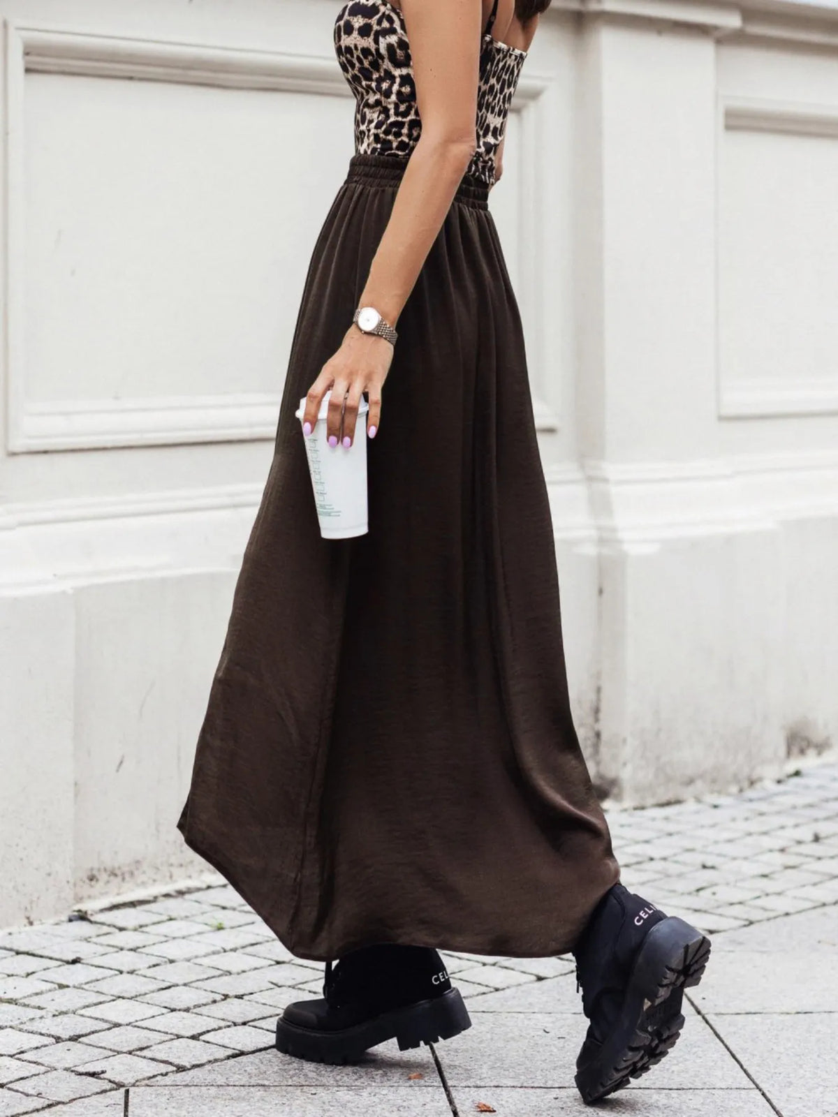 Elastic Waist High-Slit Maxi Skirt