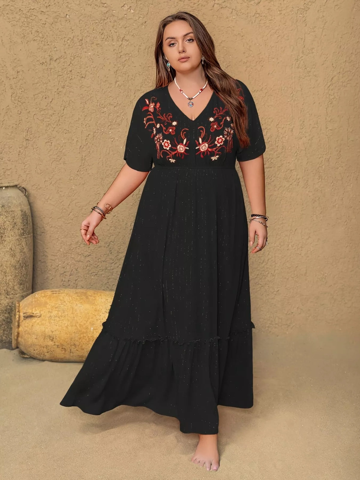 Embroidered V-Neck Maxi Dress in Black