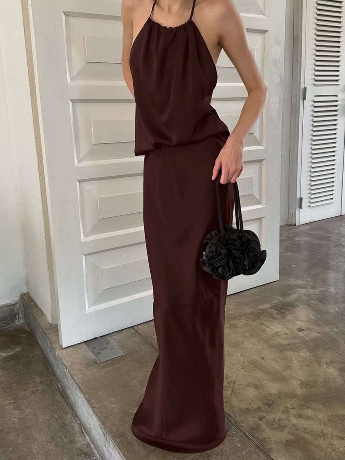 Backless Halter Maxi Dress in Brown
