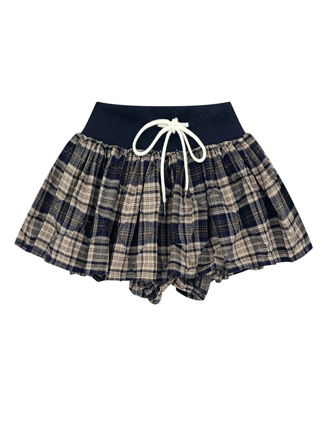 Drawstring Plaid Skort in Black