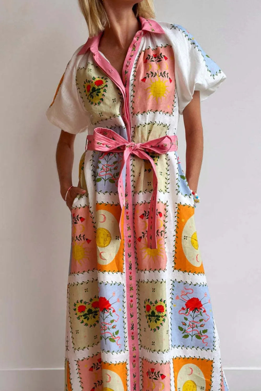 Floral Belted Short Sleeve Maxi Dress