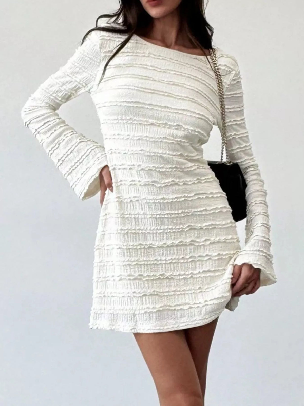 Textured Flare Sleeve Bodycon Mini Dress in Apricot