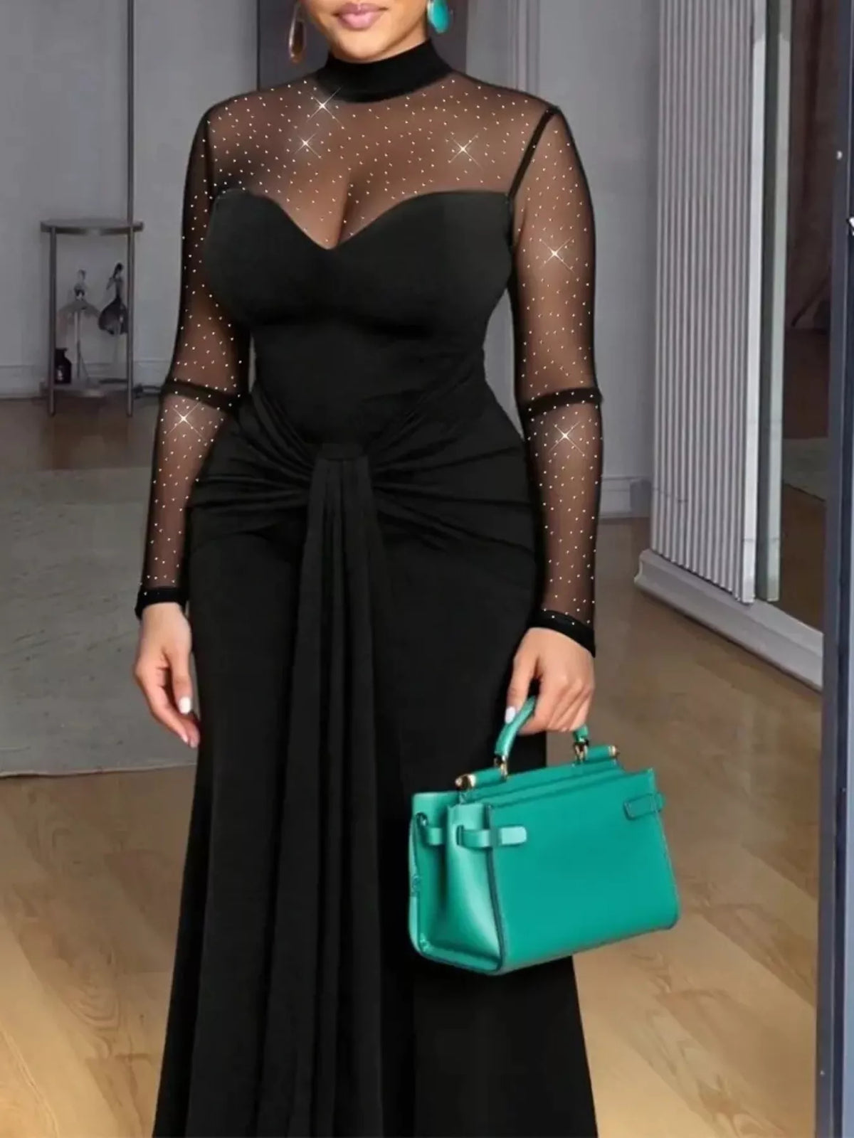Mesh Mock Neck Maxi Dress in Black