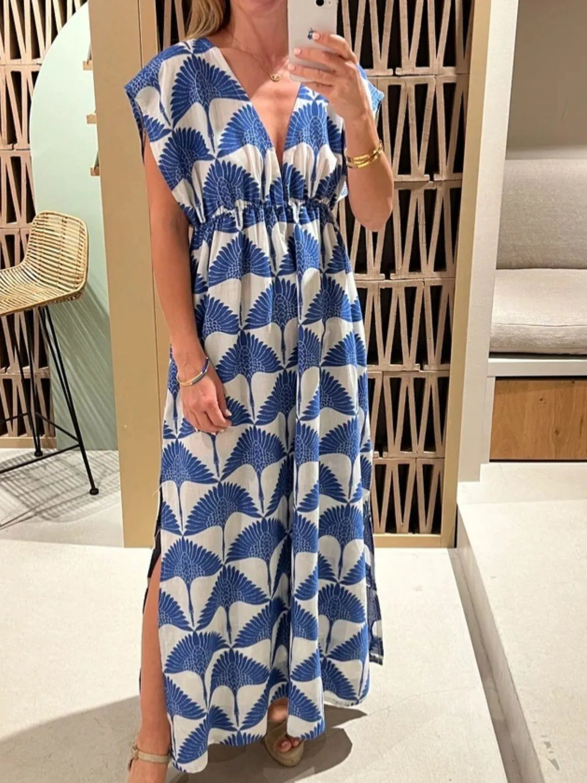 Slit V-Neck Cap Sleeve Maxi Dress by Rosaline