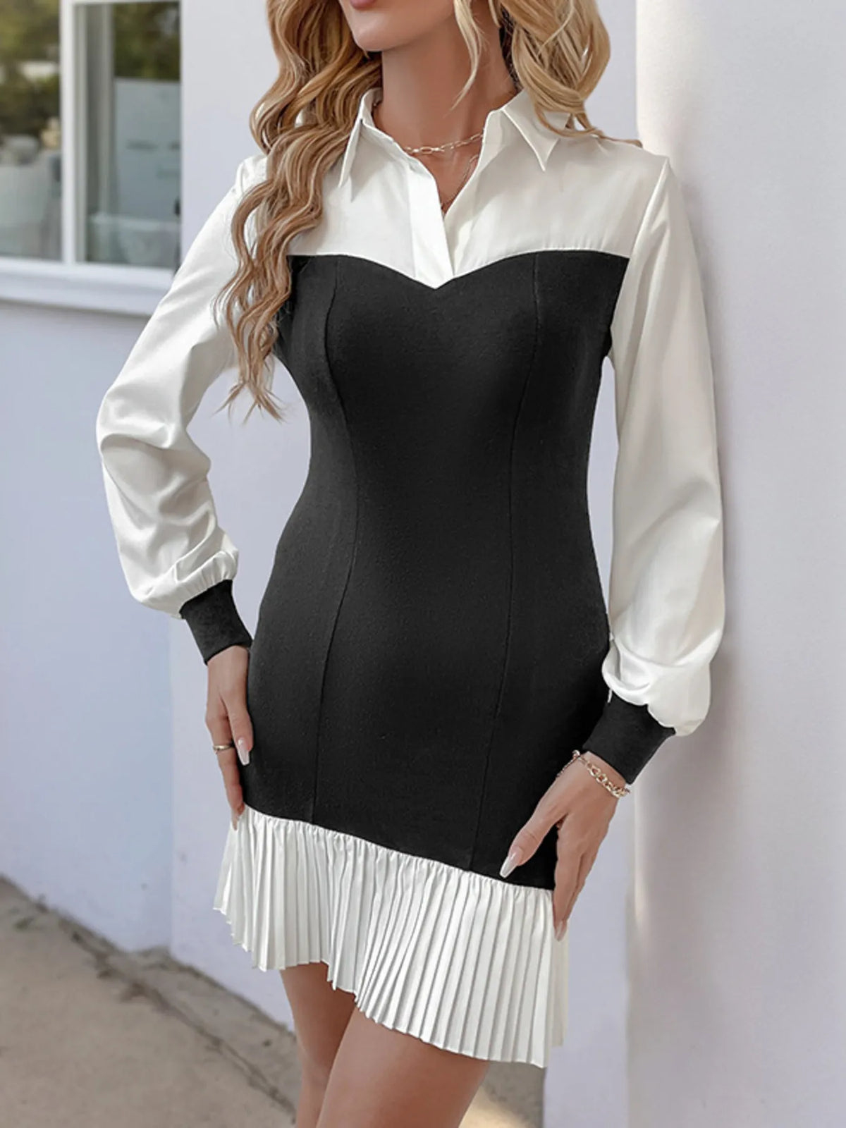 Two-Tone Pleated Shirt Dress in Black and White in Black White