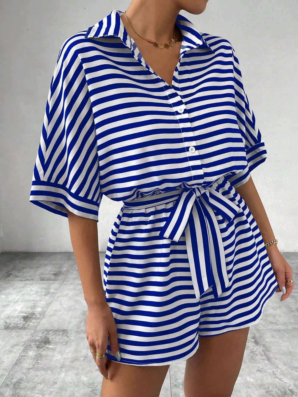 Half-Button Tie Waist Striped Romper