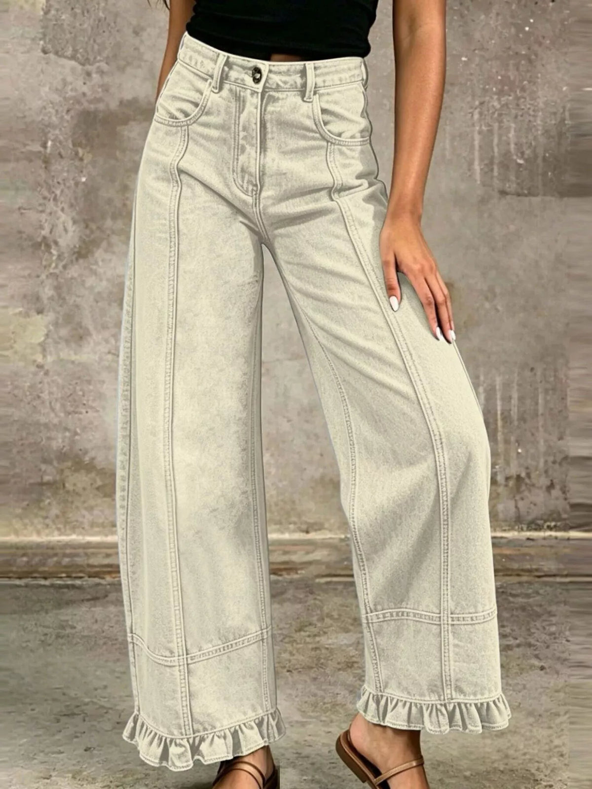 High-Waisted Wide-Leg Ruffled Hem Jeans by Dreamy Drapes