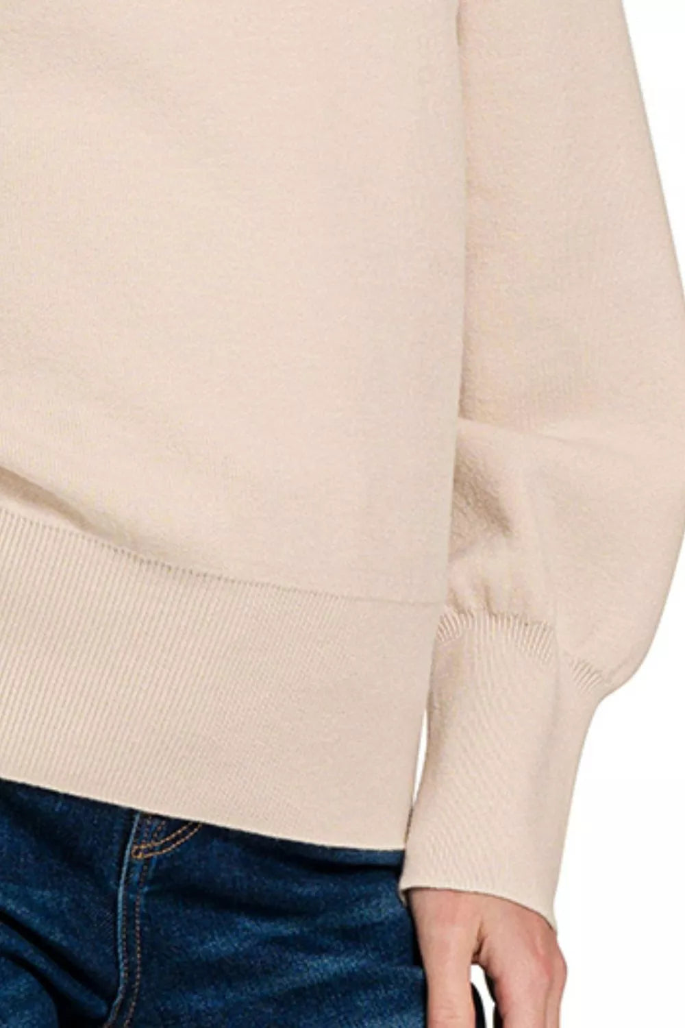 Zenana Mock Neck Exposed Seam Sweater in Sand Beige