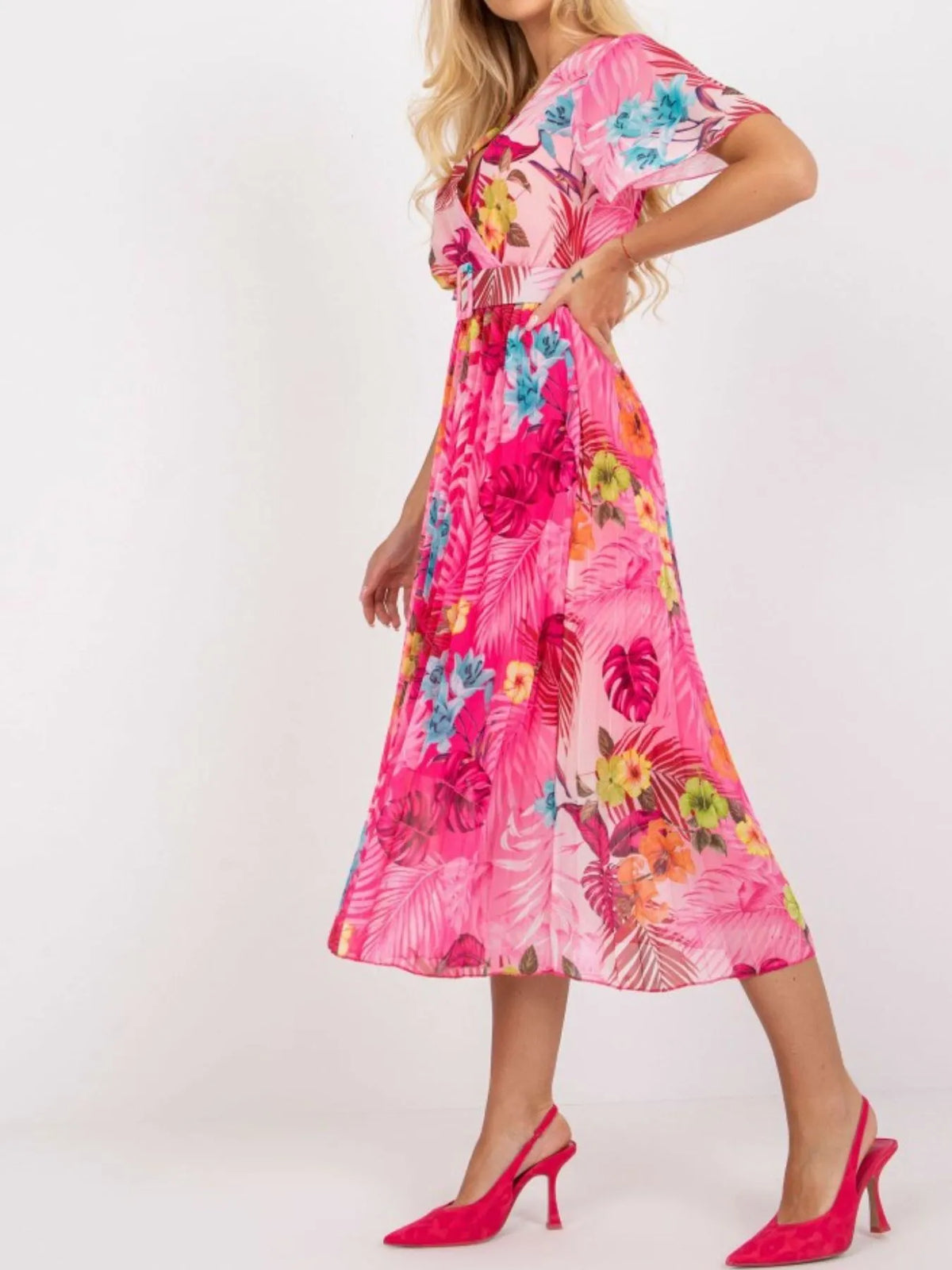 Printed Pleated Midi Wrap Dress