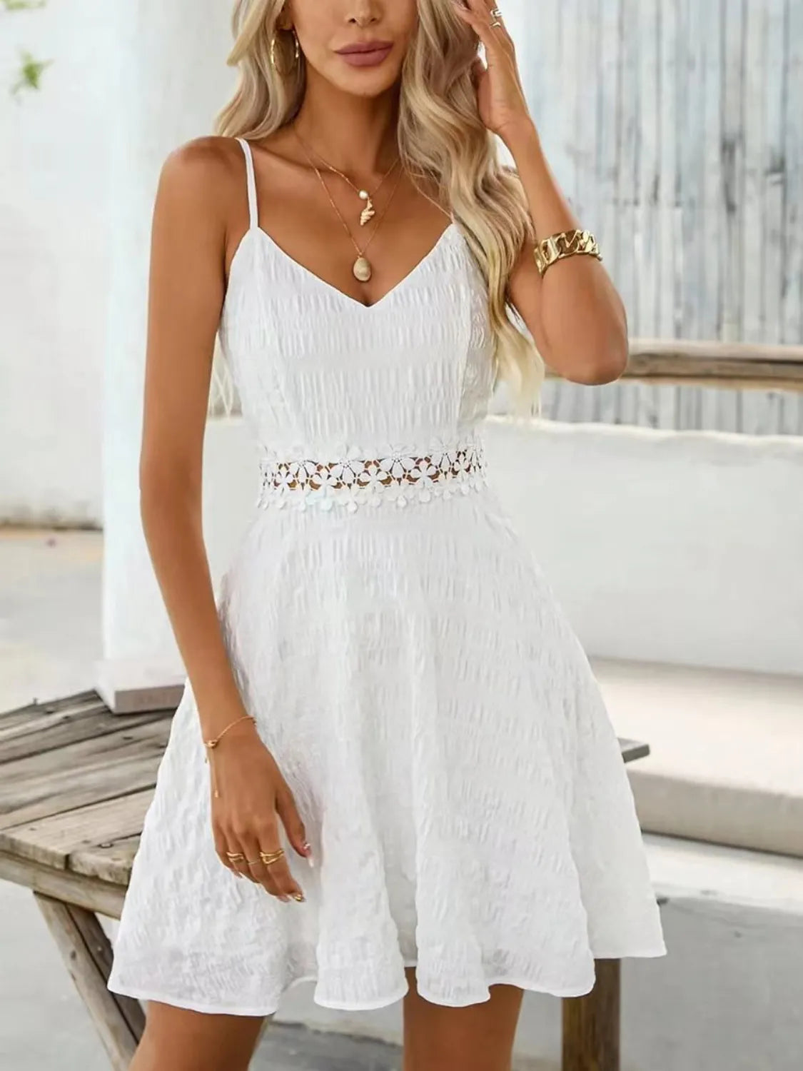 Lace Trim V-Neck Mini Cami Dress in White by Macido