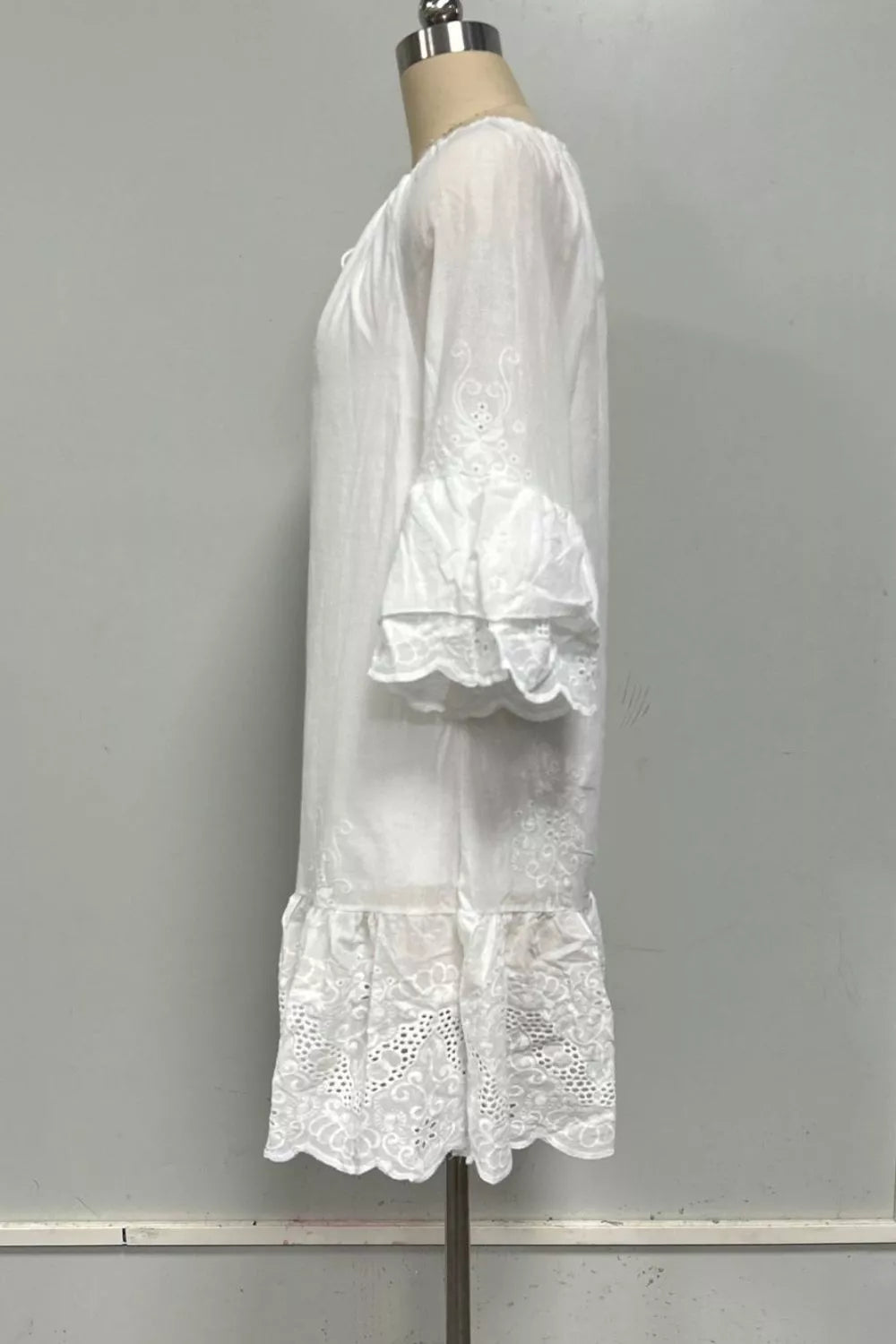 Eyelet Embroidered Tassel Tie Neck Dress in White