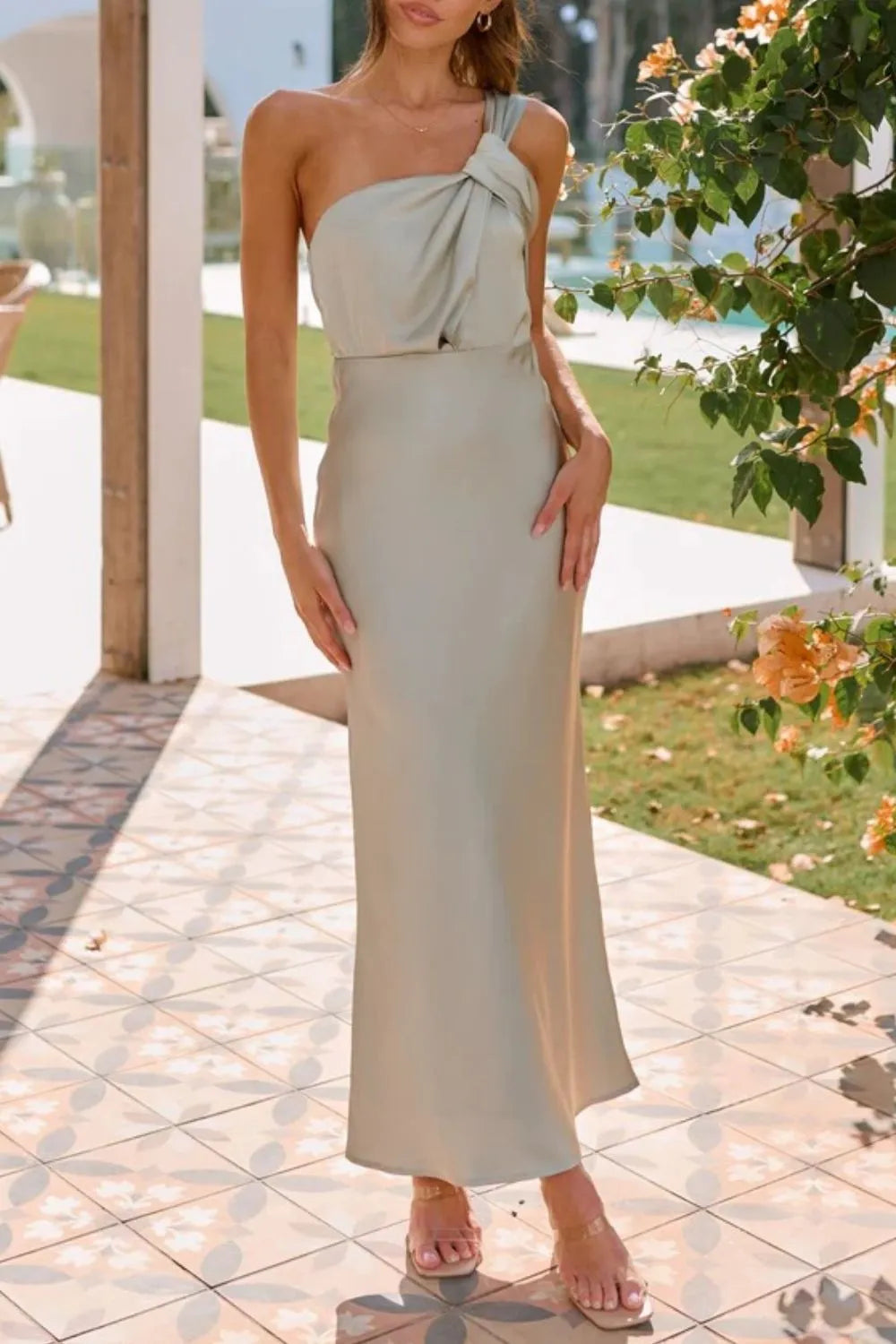 Knotted Single Shoulder Maxi Dress in Sage