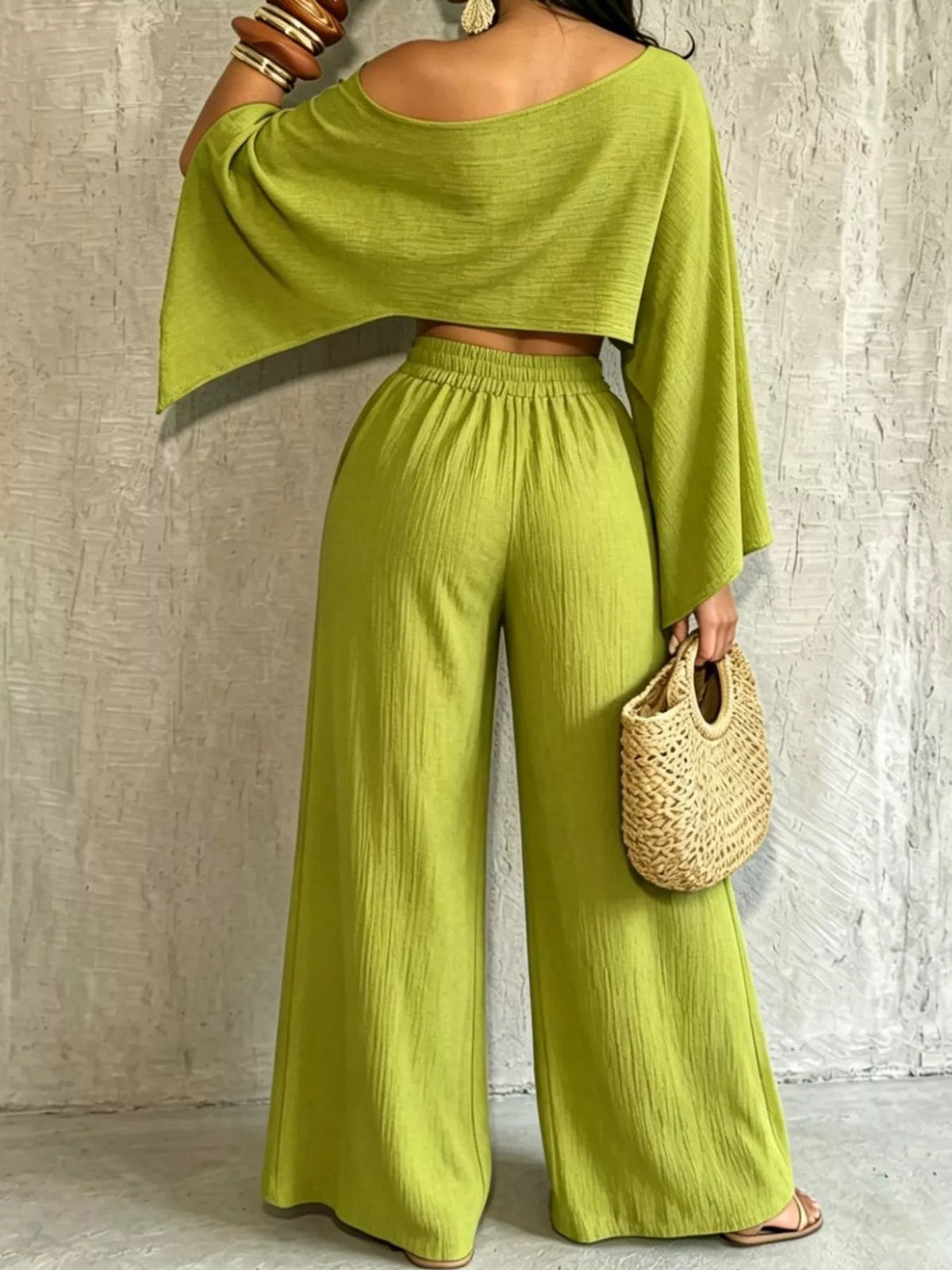 Boat Neck Crop Top and Wide-Leg Pants Set