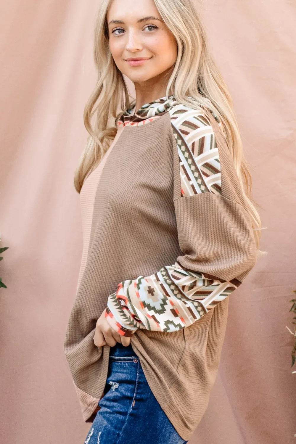 And The Why Color Block Hooded Waffle Top in Multi
