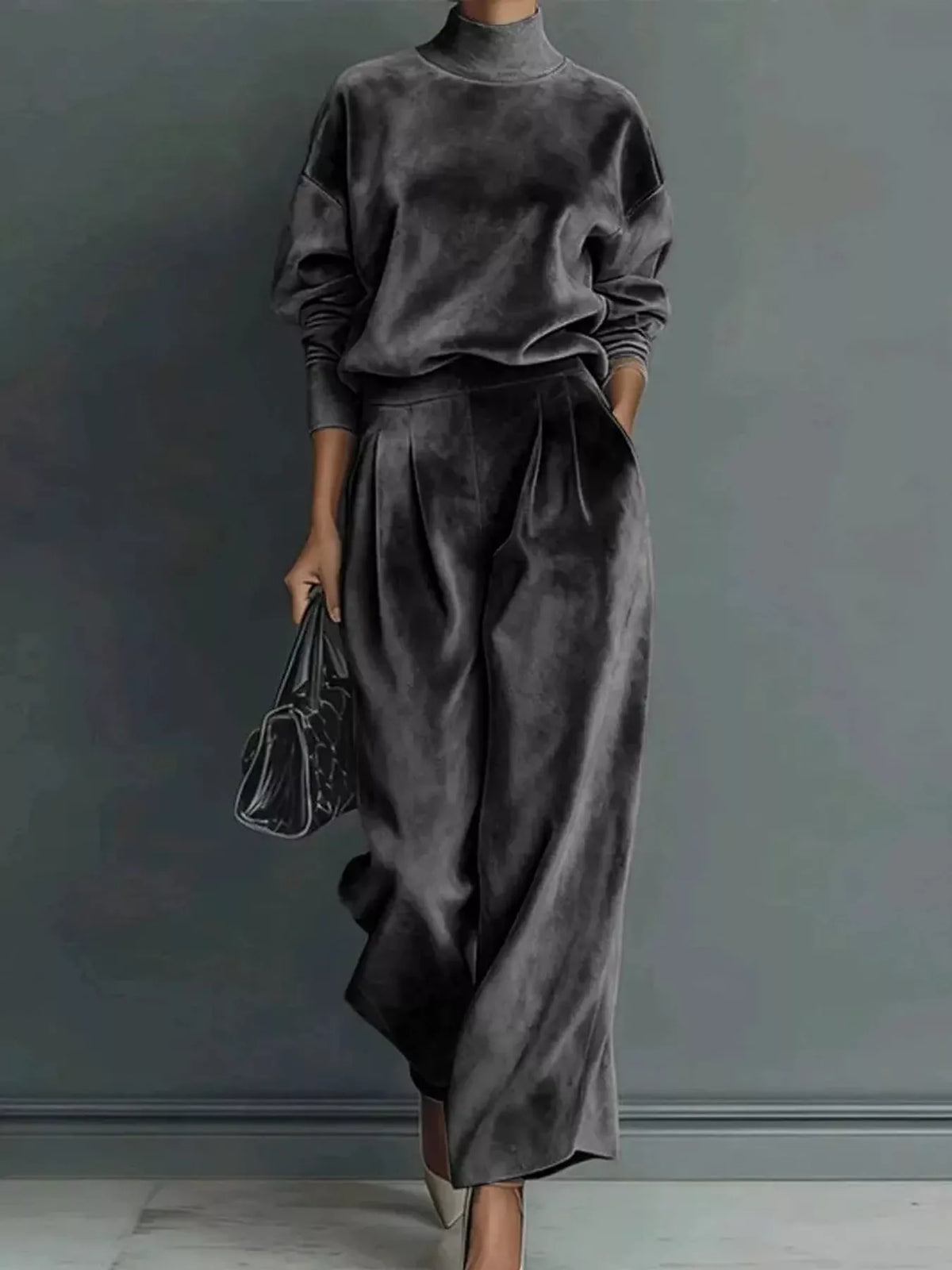 Velvet Mock Neck Top and Wide-Leg Pants Set