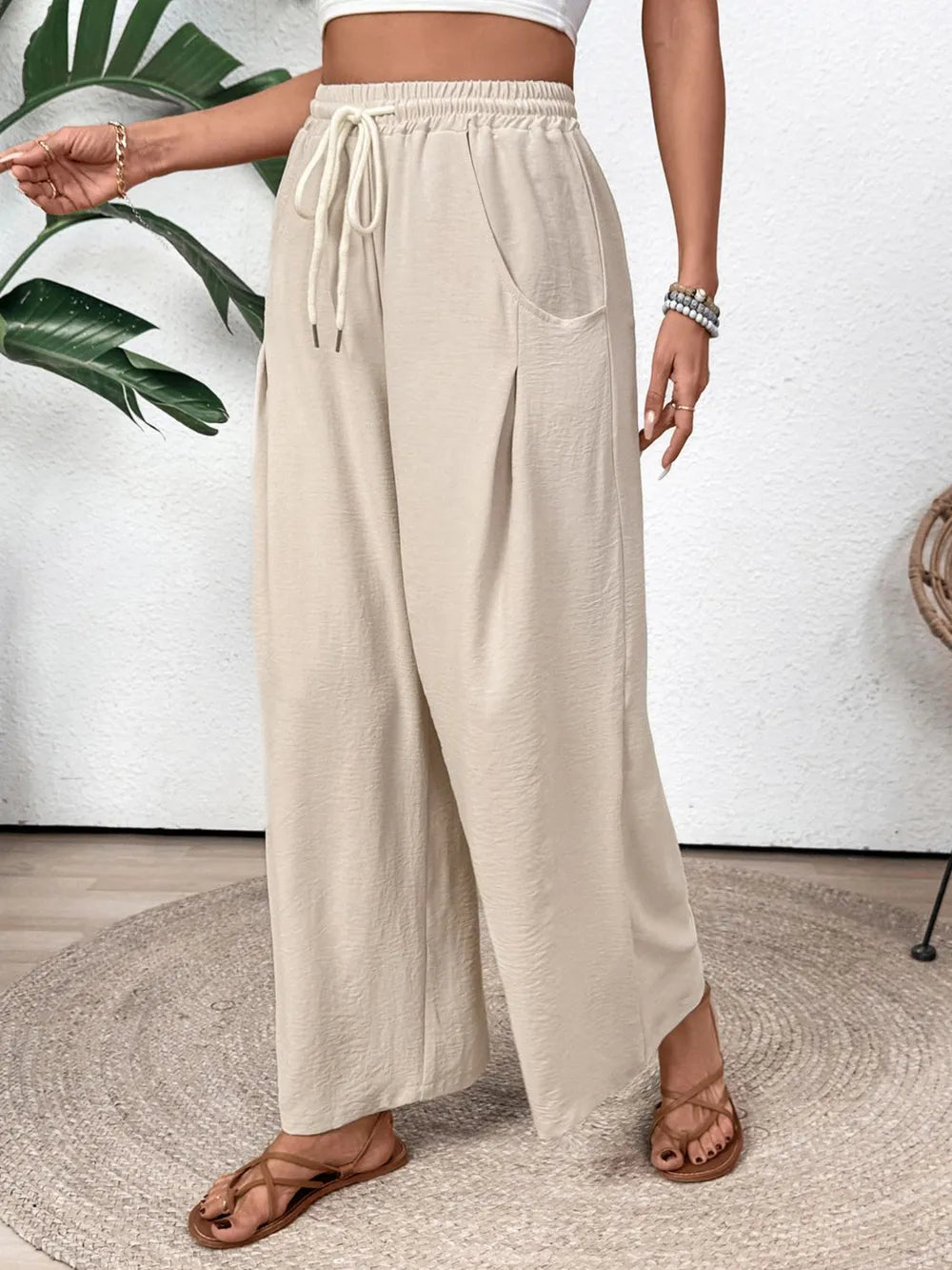 Drawstring Wide Leg Pants in Tan