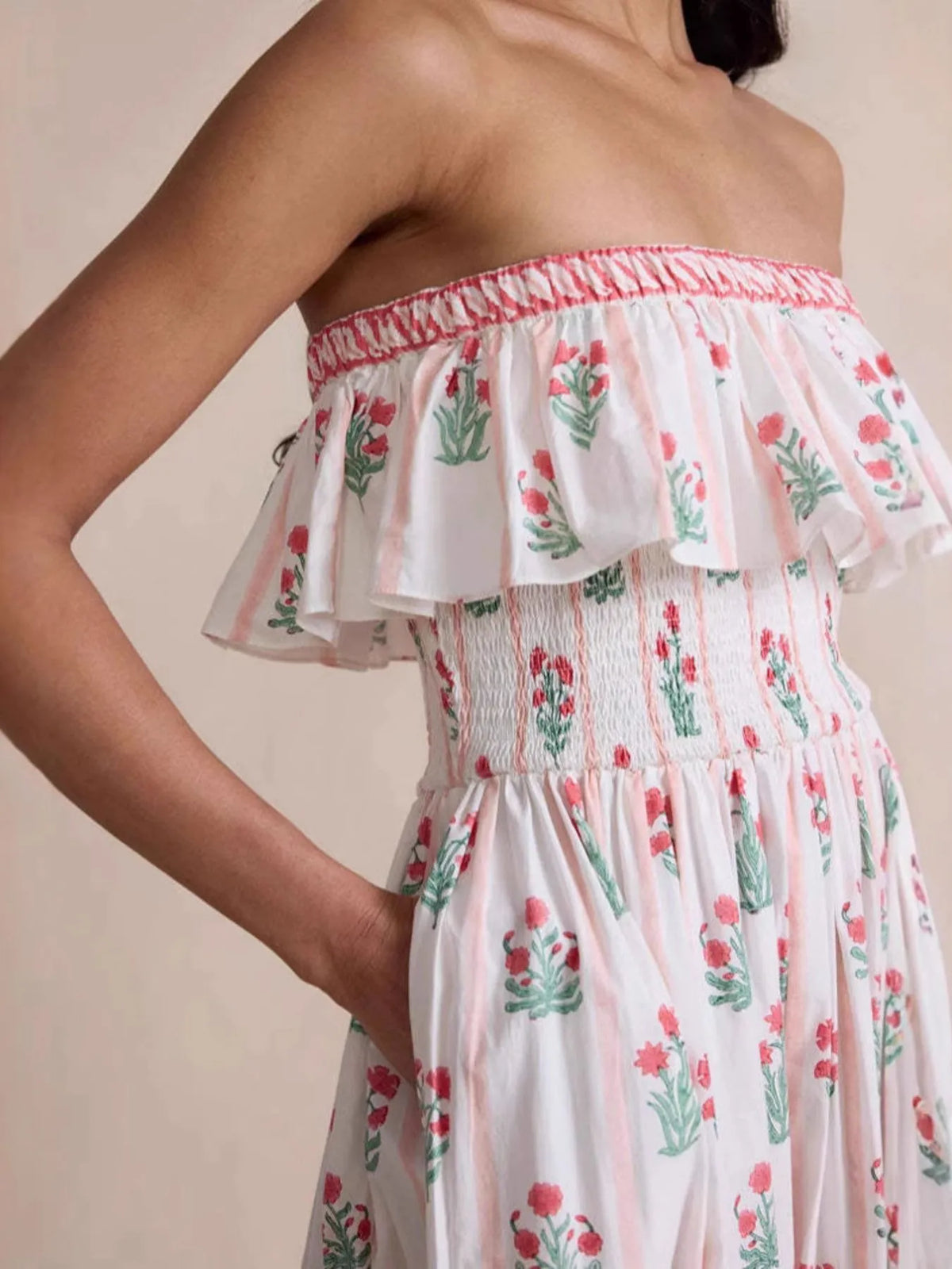 Floral Strapless Ruffle Dress in White