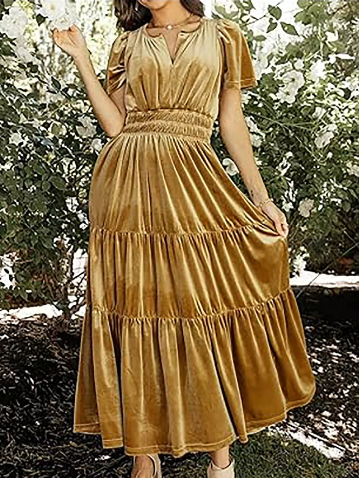 Velvet Tiered Short Sleeve Maxi Dress