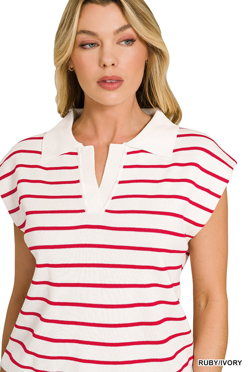 Zenana Striped Collared Sweater Vest in Ruby & Ivory in Ruby/ivory