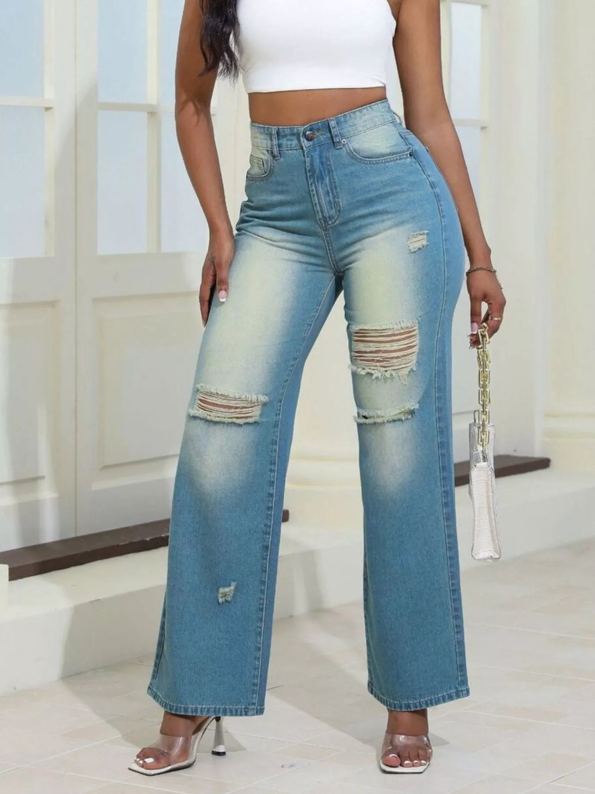 High-Waisted Distressed Wide-Leg Jeans