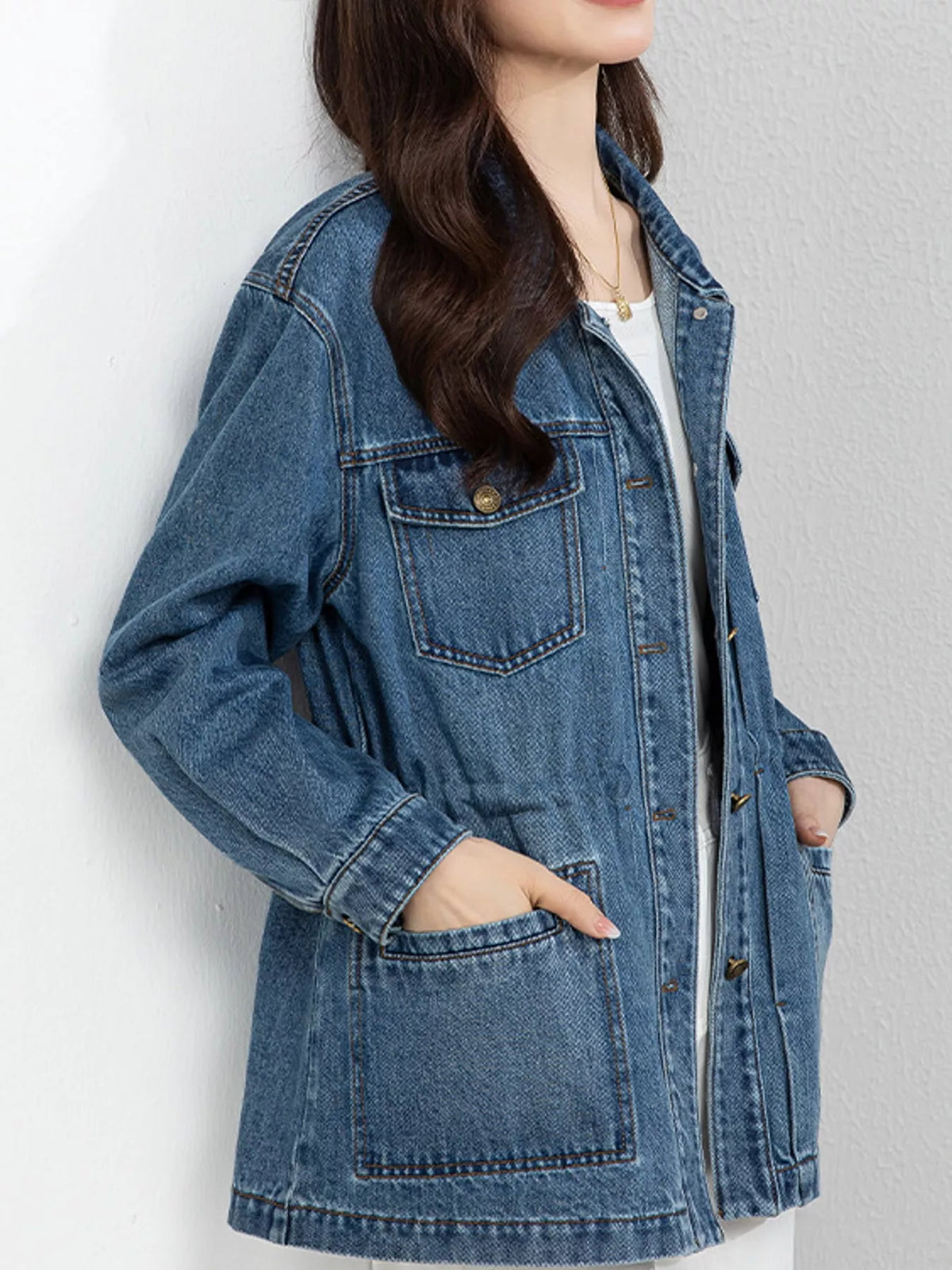Washed Denim Button-Up Jacket in Blue