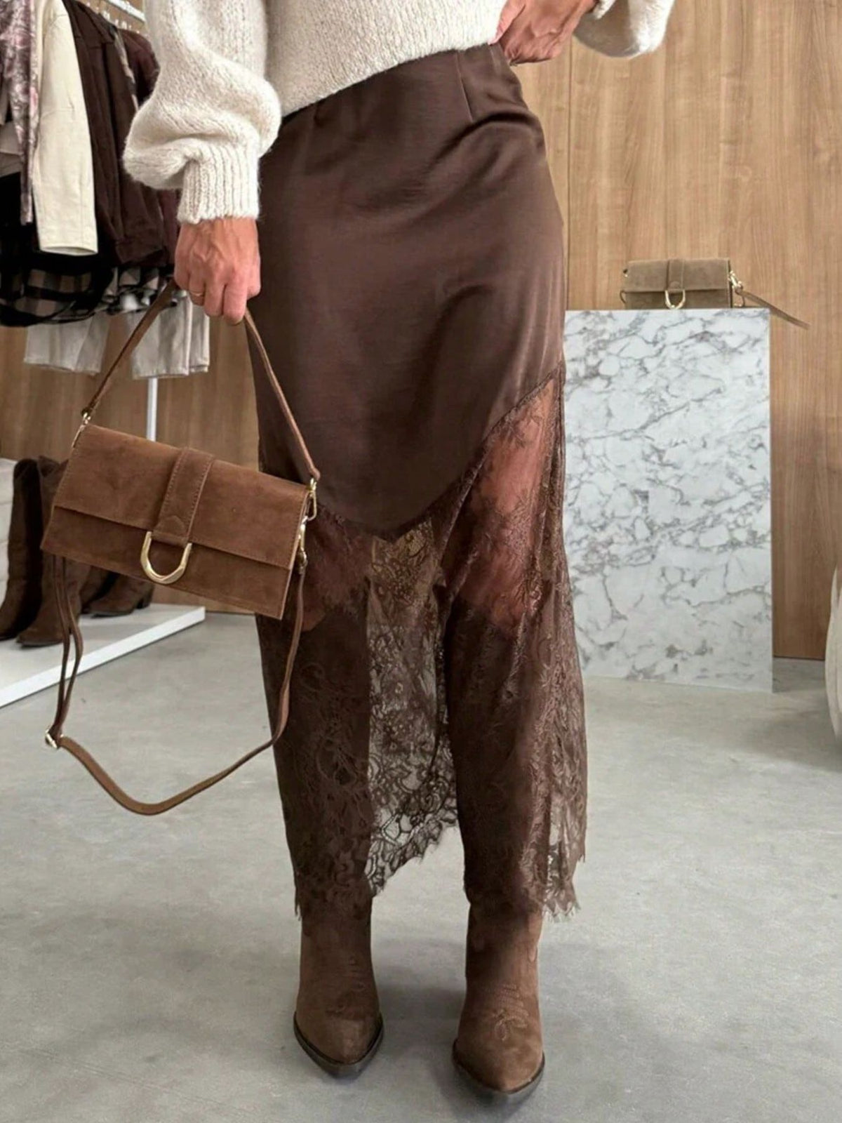 Lace Trim Satin Midi Skirt in Brown