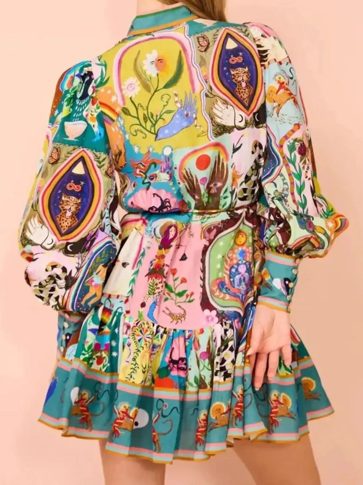 Printed Long Sleeve Mini Dress in Multicolor