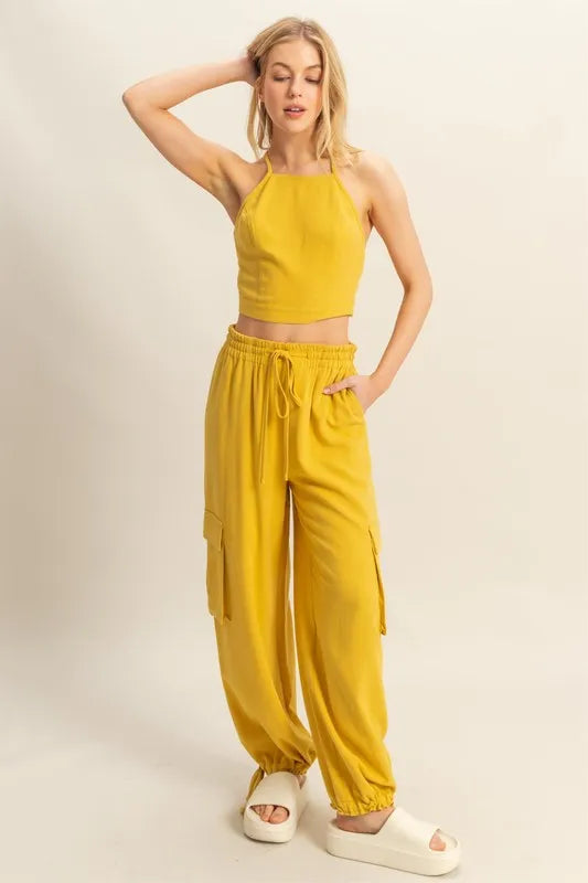 Hyfve Crop Top and Cargo Pants Set in Mustard