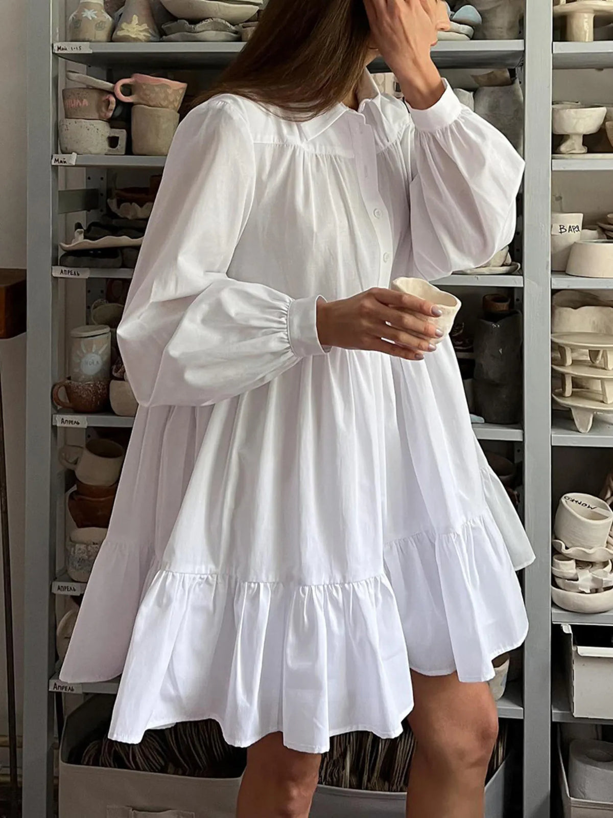 Tiered Ruffle Long Sleeve Shirt Dress