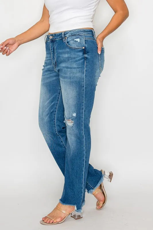 Raw Hem Distressed Mid Rise Straight Jeans in Medium Wash