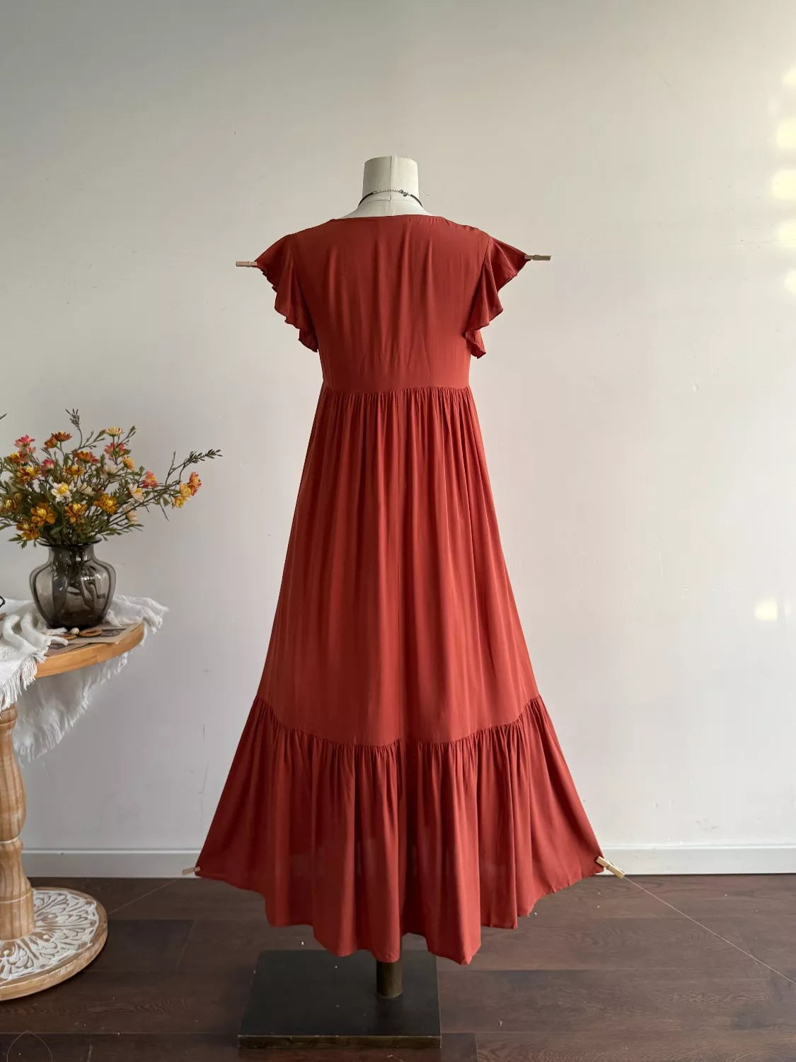 Ruffle Sleeve Maxi Dress in Rust
