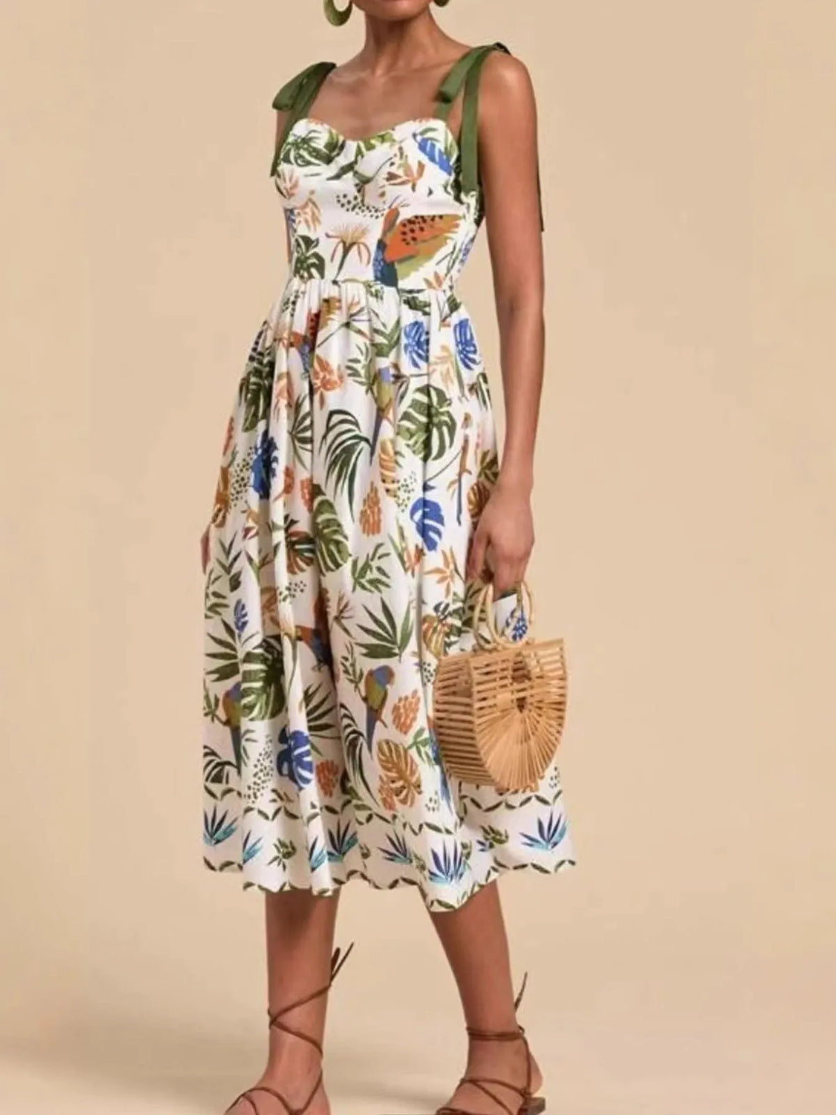 Tropical Print Tie-Shoulder Sweetheart Neck Midi Dress in Green by Rosaline