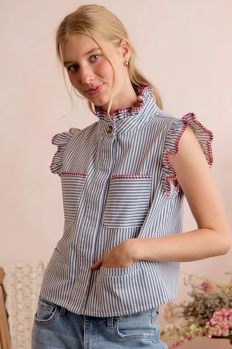 So Me Striped Ruffled Vest Top in Blue and Red in Blue/Red