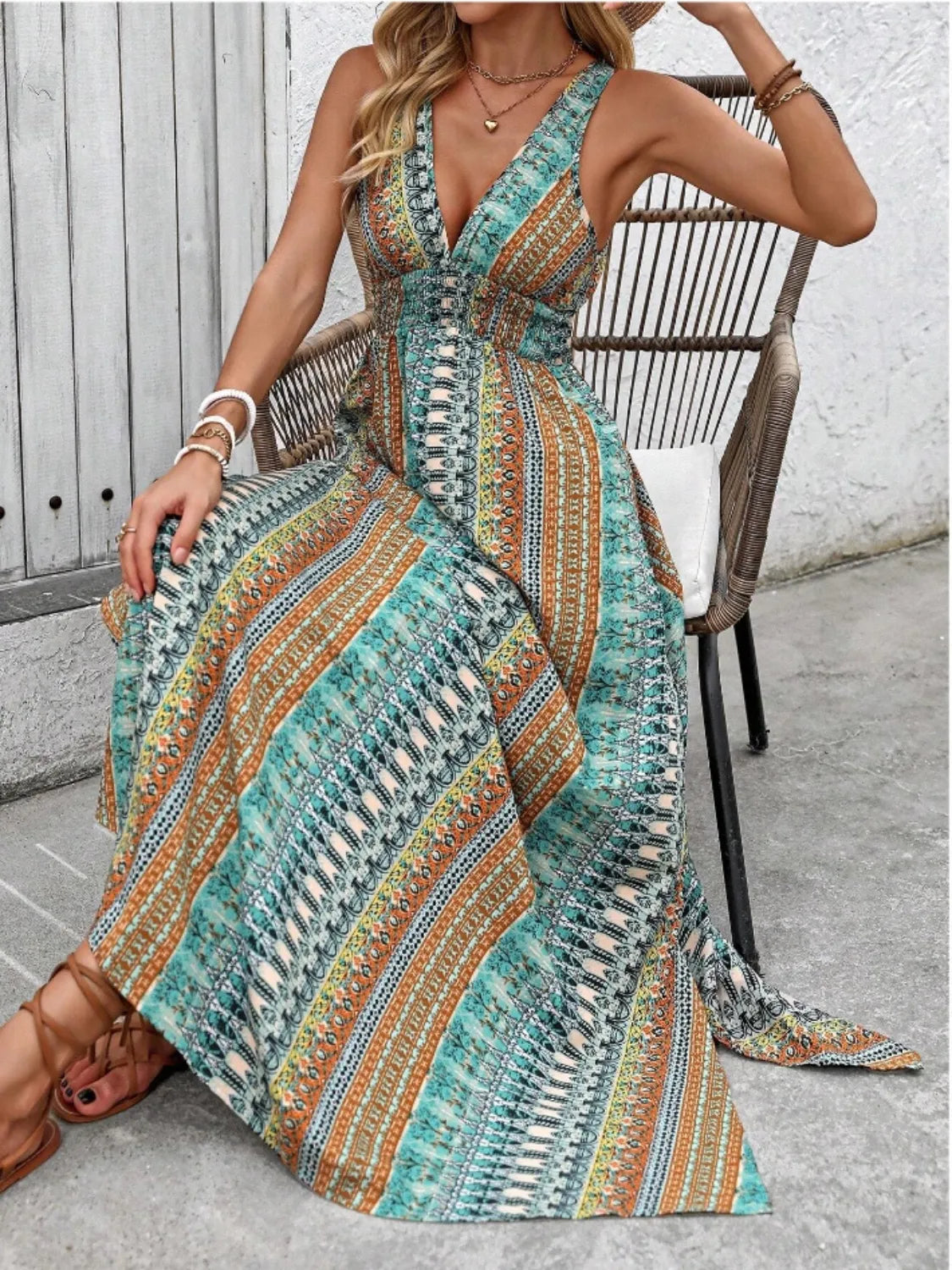 Tied-Back Printed Maxi Slit Dress
