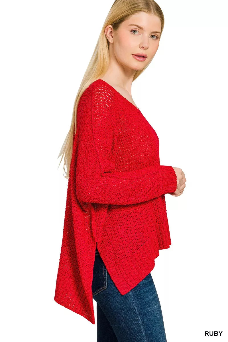 Zenana Dolman Sleeve V-Neck Sweater in Ruby