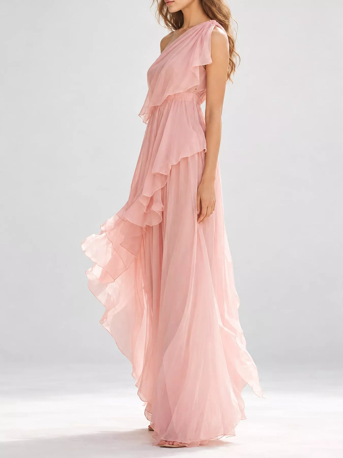 One-Shoulder Ruffled Chiffon Maxi Dress