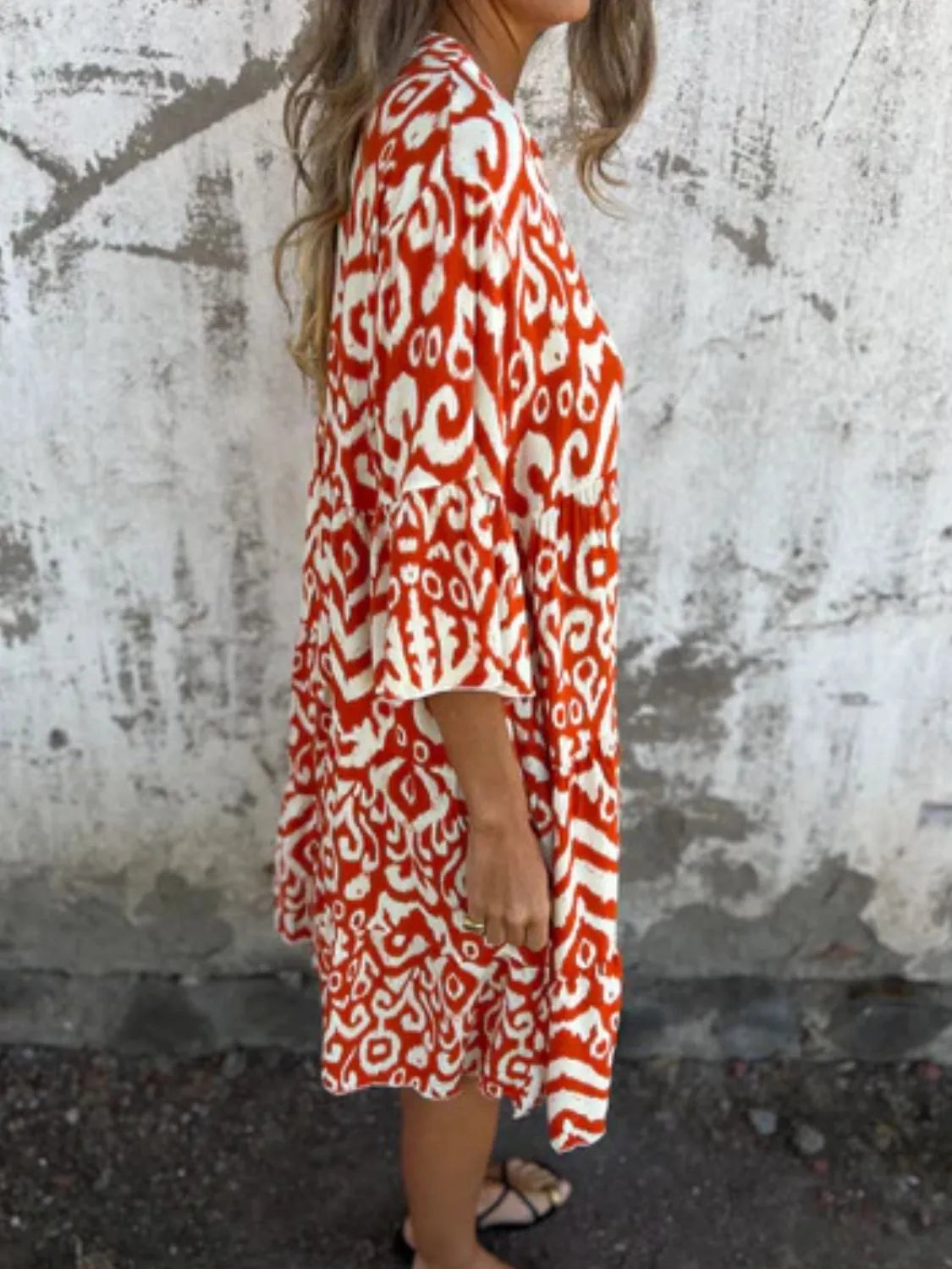 Notched Half Sleeve Printed Plus Size Dress